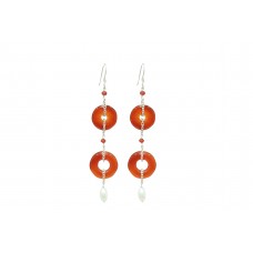 Women 925 Sterling Silver Long Earrings Natural Red Carnelian & Pearl Gem Stone